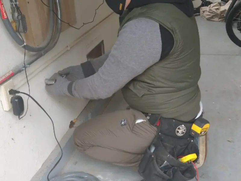 Electrician performing outlet wiring in a Havre garage